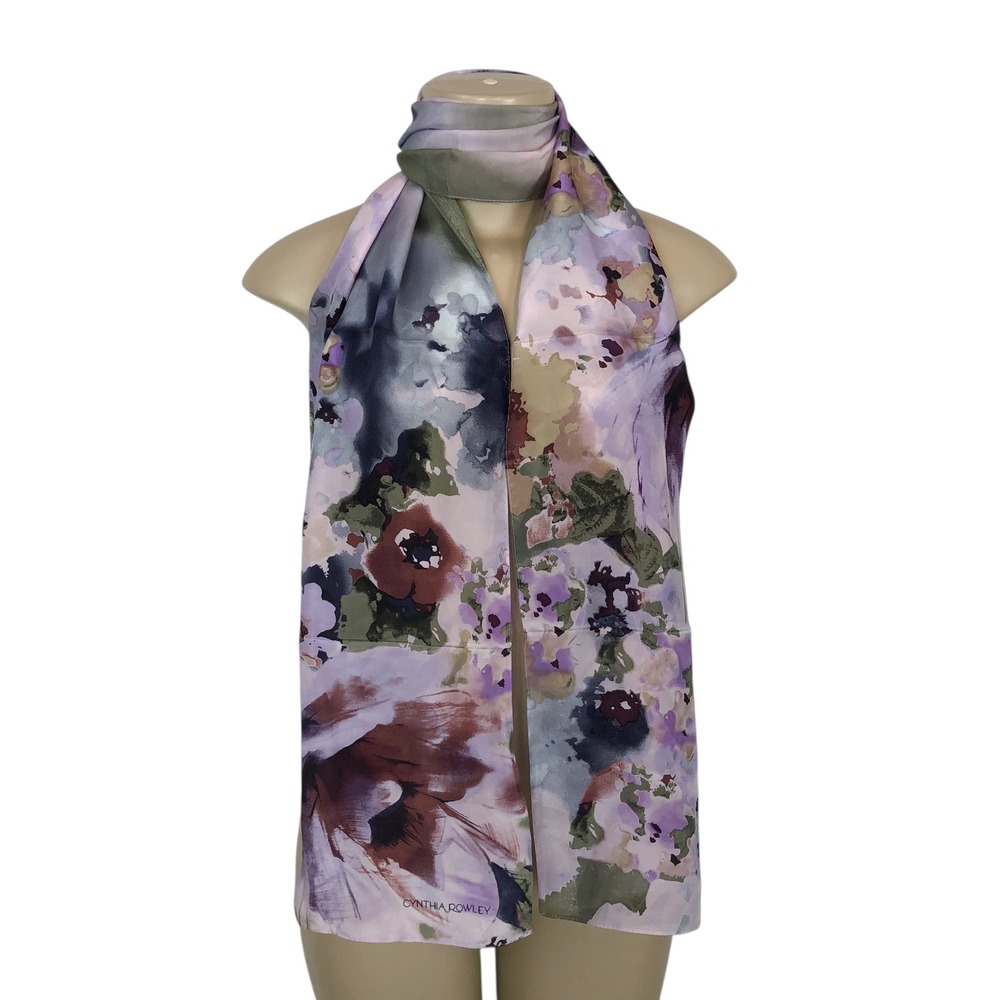 Cynthia Rowley 100% Silk Chiffon Rectangular Scarf Watercolor Floral Art To Wear